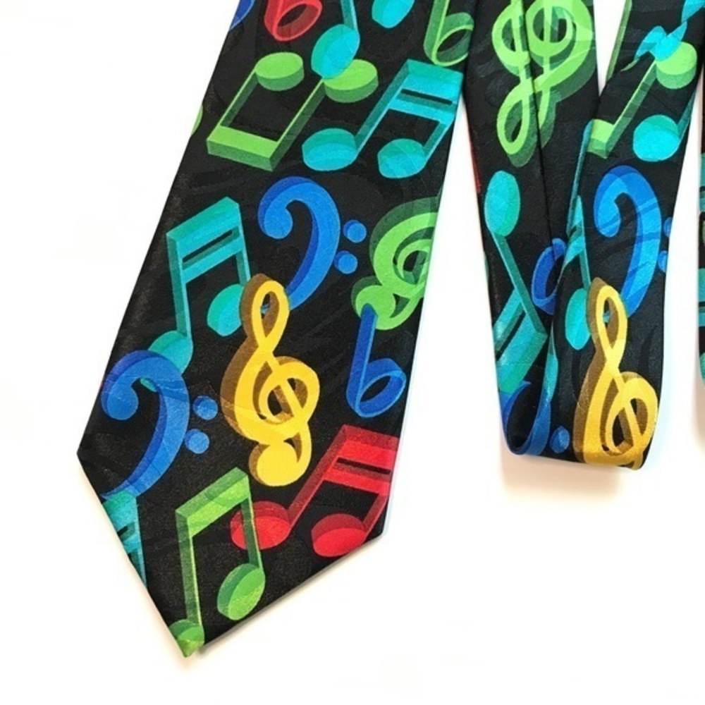Music Notes Necktie Black Multicolor Standard Width Steven Harris Handmade - Picture 2 of 5